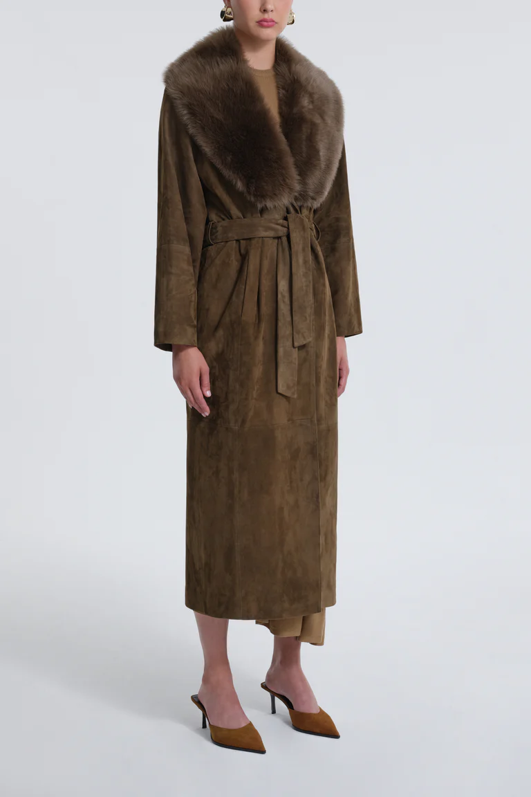 Briona Deep Olive Suede Coat with Fur Collar