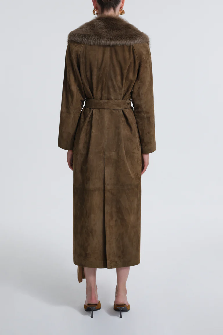 Briona Deep Olive Suede Coat with Fur Collar