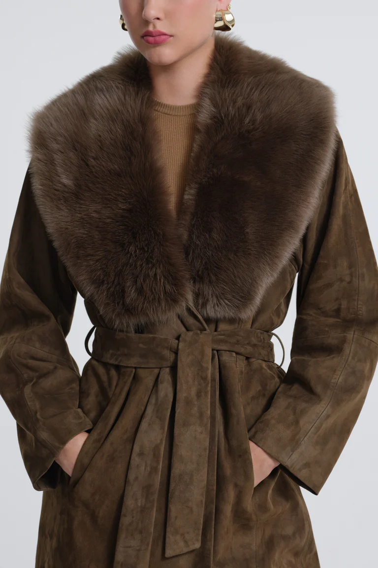 Briona Deep Olive Suede Coat with Fur Collar