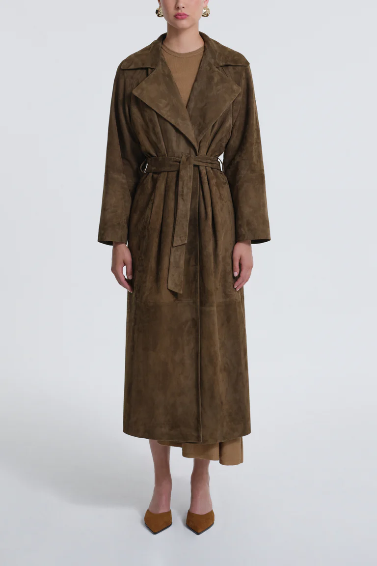 Briona Deep Olive Suede Coat with Fur Collar