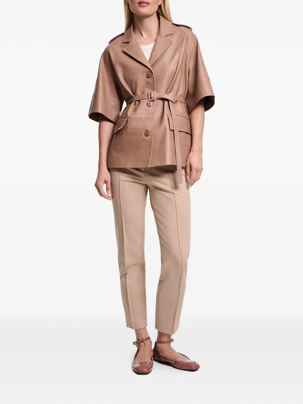 Costarellos Short-Sleeve Belted Leather Jacket