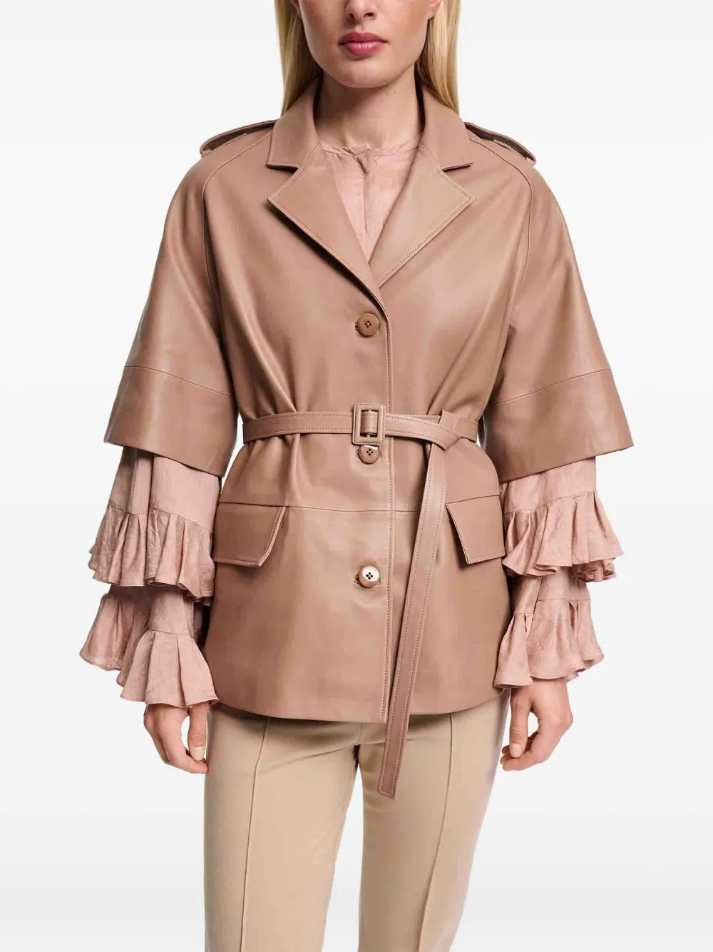 Costarellos Short-Sleeve Belted Leather Jacket