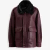 Drey Dark Plum Leather Jacket with Black Shearling Collar