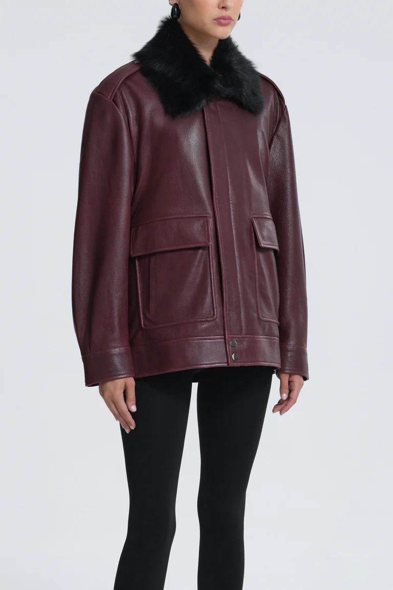 Drey Dark Plum Leather Jacket with Black Shearling Collar
