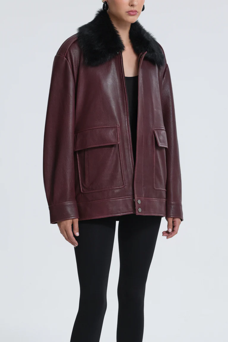 Drey Dark Plum Leather Jacket with Black Shearling Collar