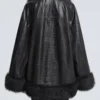 Sabine Croco-Embossed Black Leather Coat with Fur Trim