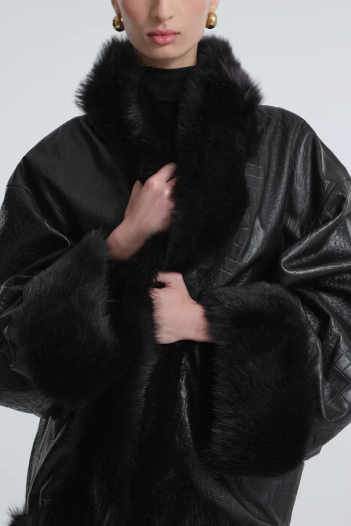 Sabine Croco-Embossed Black Leather Coat with Fur Trim