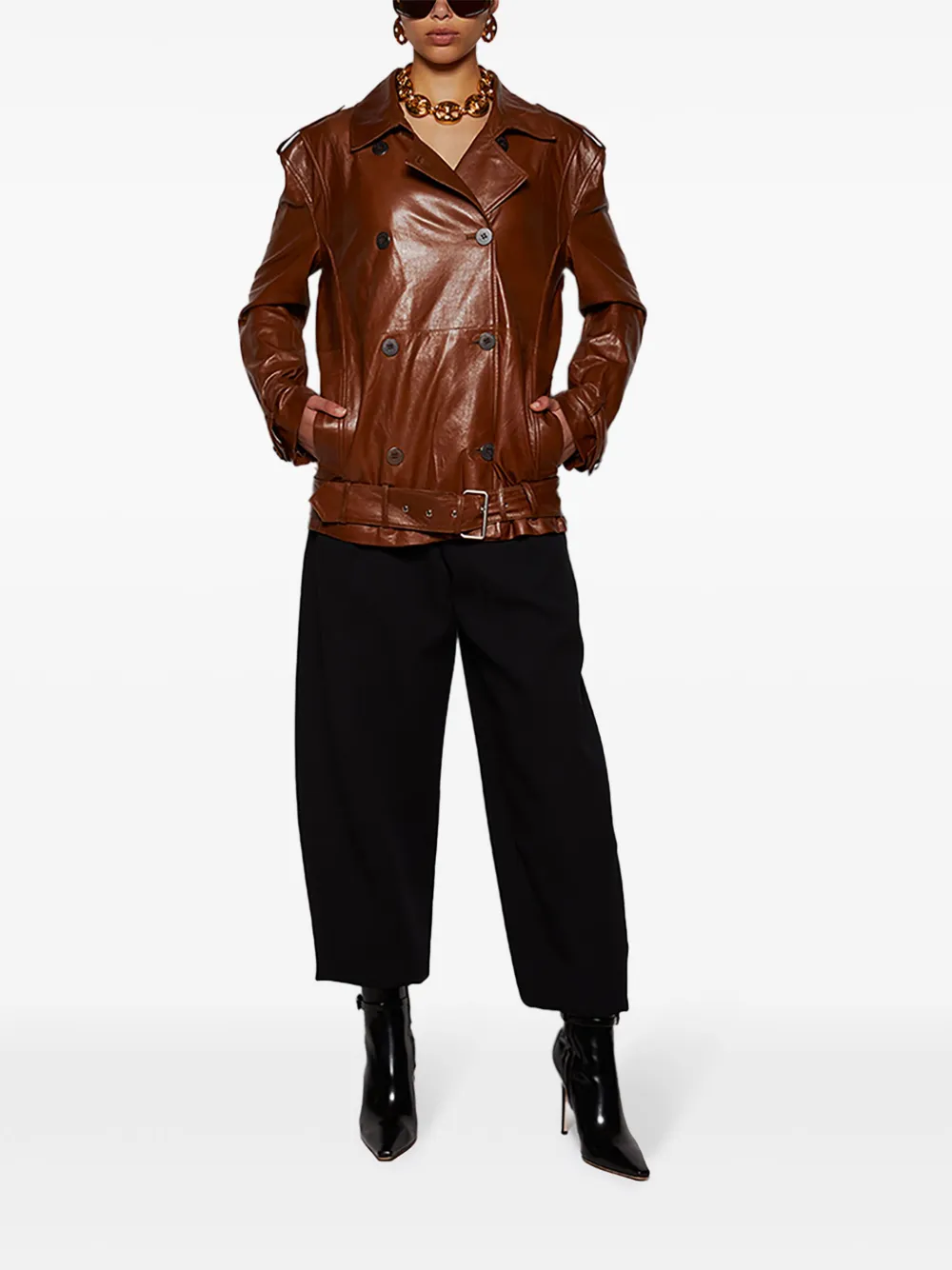 Zeynep Arcay Double-Breasted Belted Leather Trench Jacket