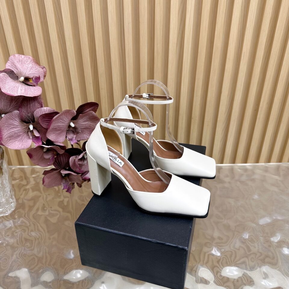 ALAÏA Minimalist Leather Ankle-Strap Block-Heel Pumps