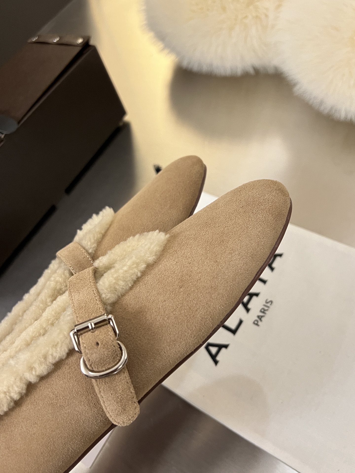 ALAÏA Shearling-Lined Suede Mary Jane Flats