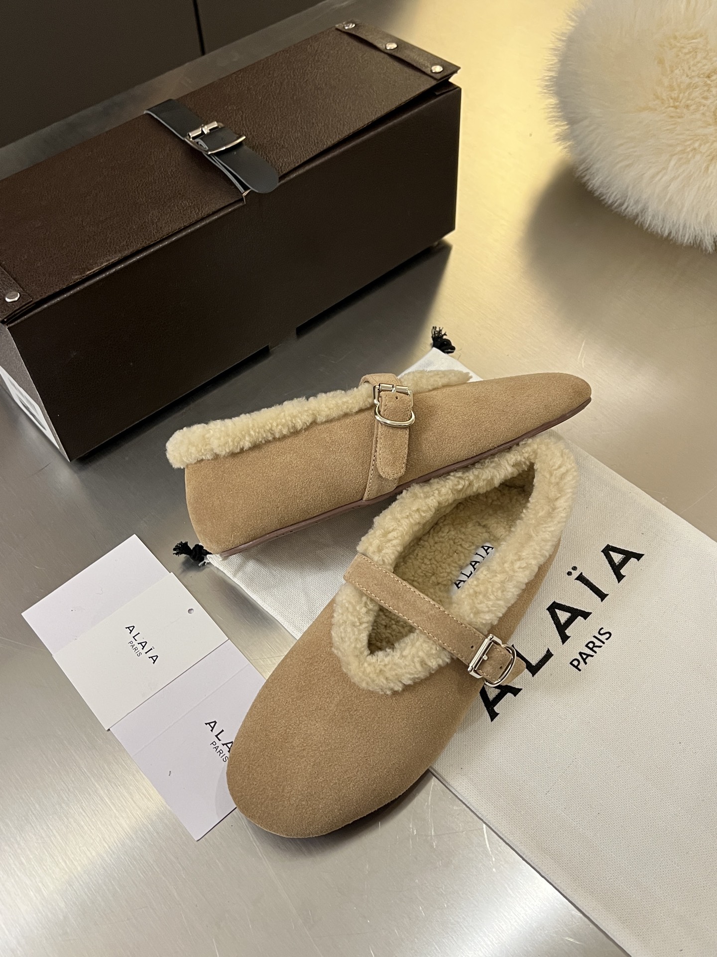ALAÏA Shearling-Lined Suede Mary Jane Flats