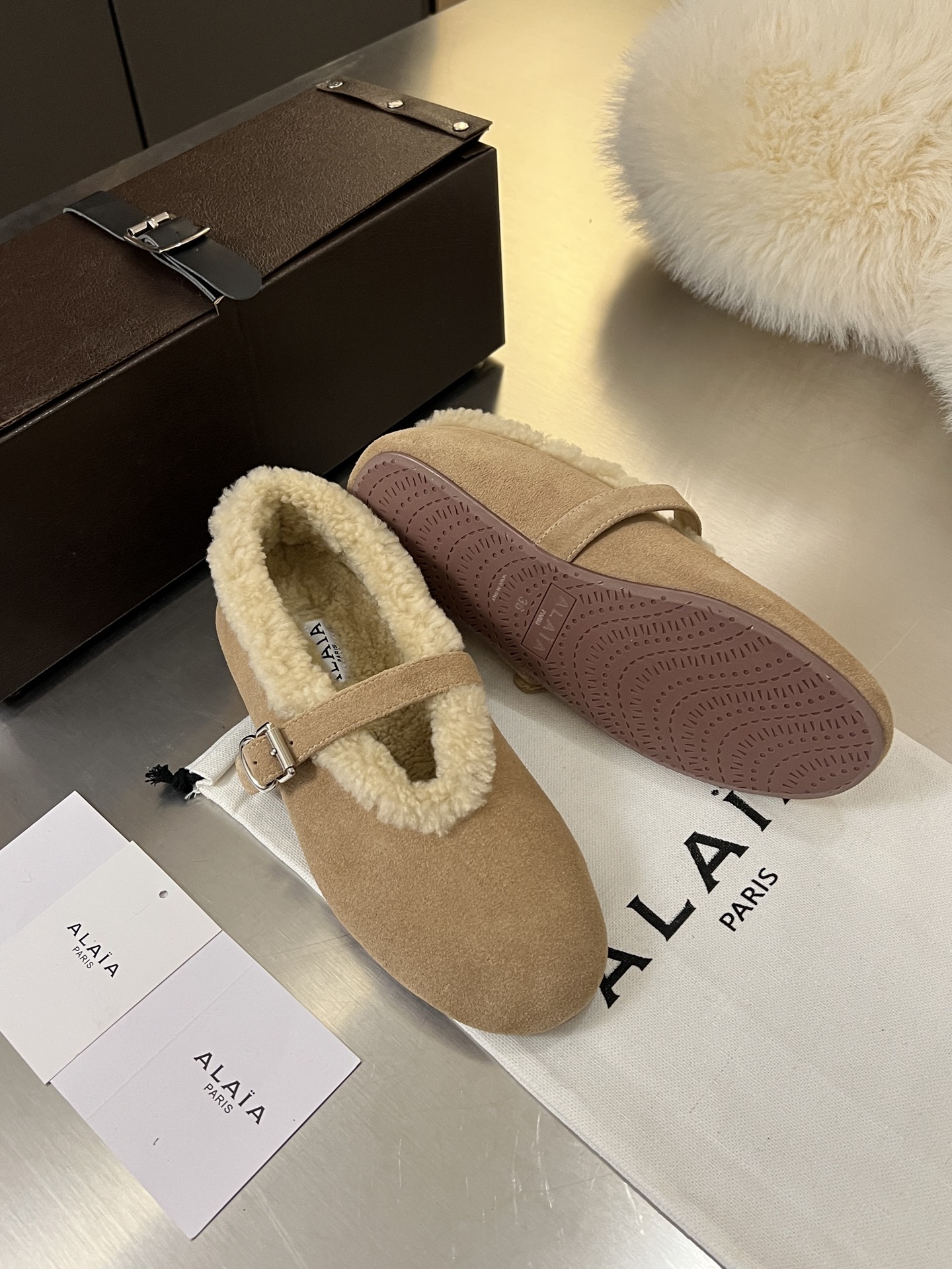 ALAÏA Shearling-Lined Suede Mary Jane Flats