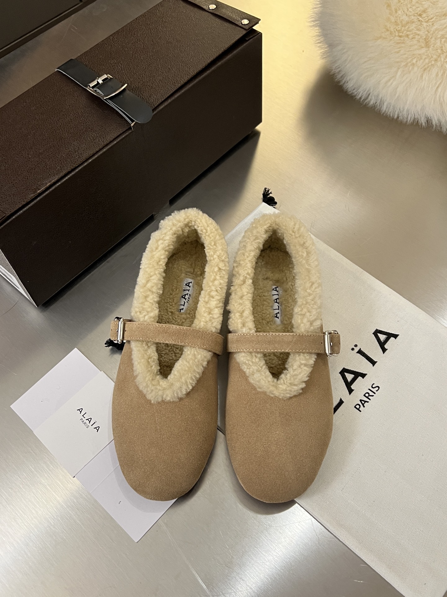 ALAÏA Shearling-Lined Suede Mary Jane Flats