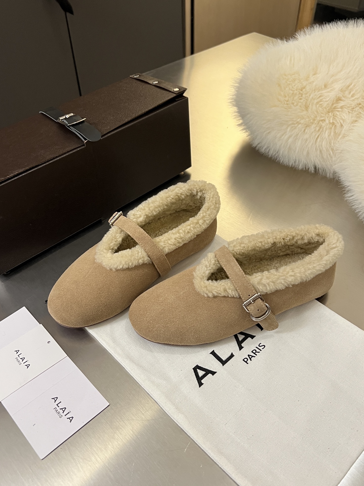 ALAÏA Shearling-Lined Suede Mary Jane Flats