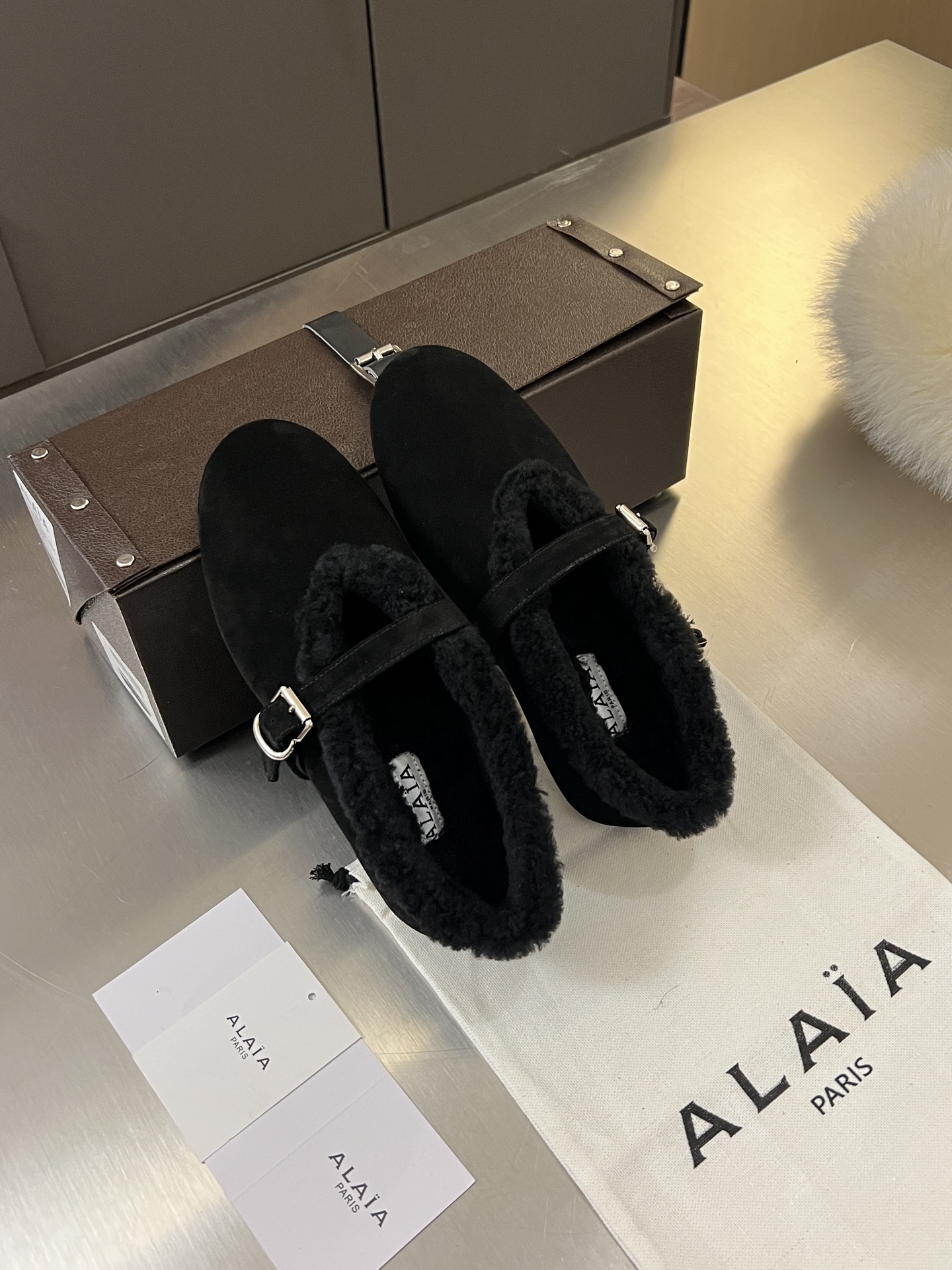 ALAÏA Shearling-Lined Suede Mary Jane Flats