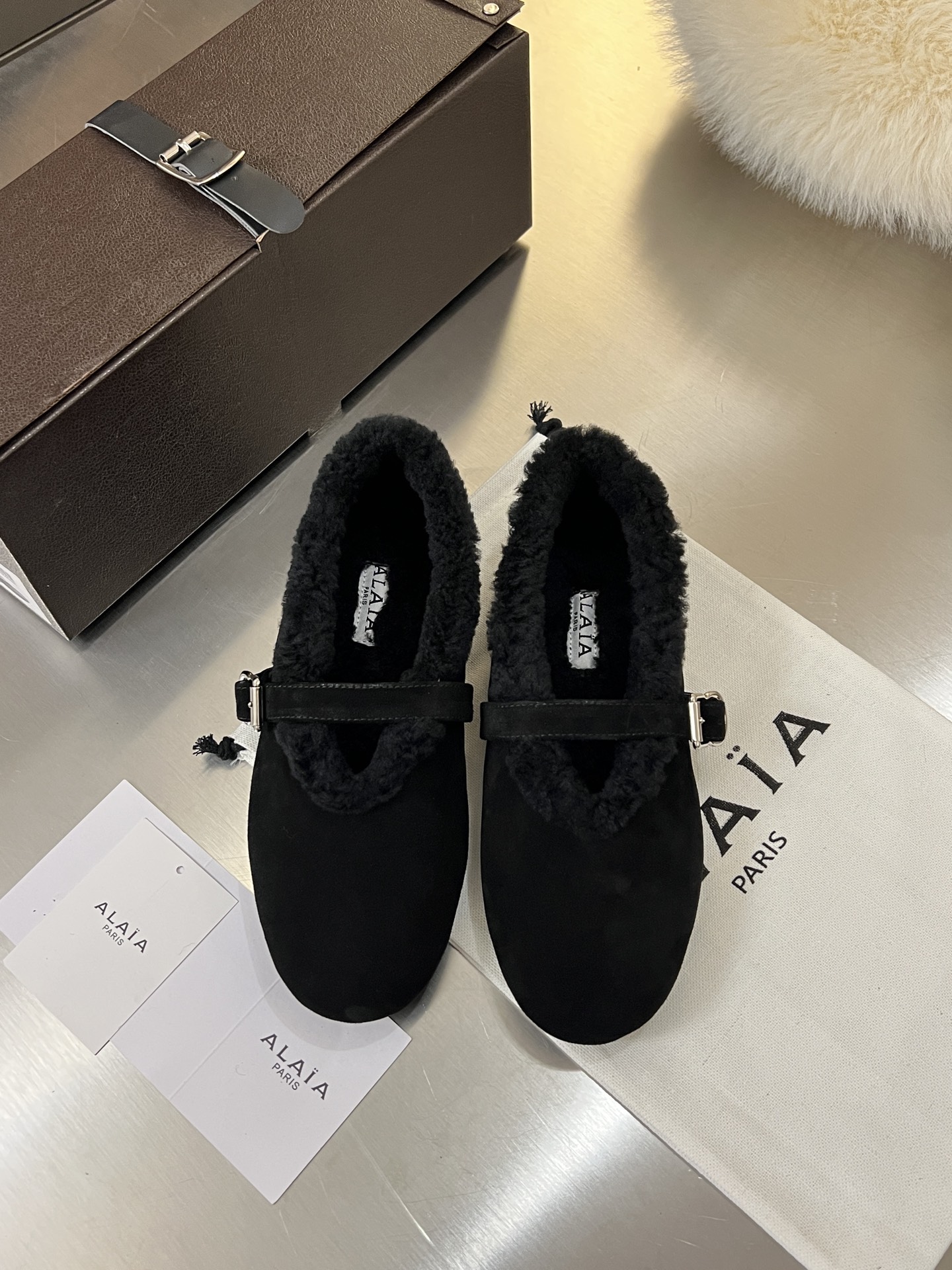 ALAÏA Shearling-Lined Suede Mary Jane Flats