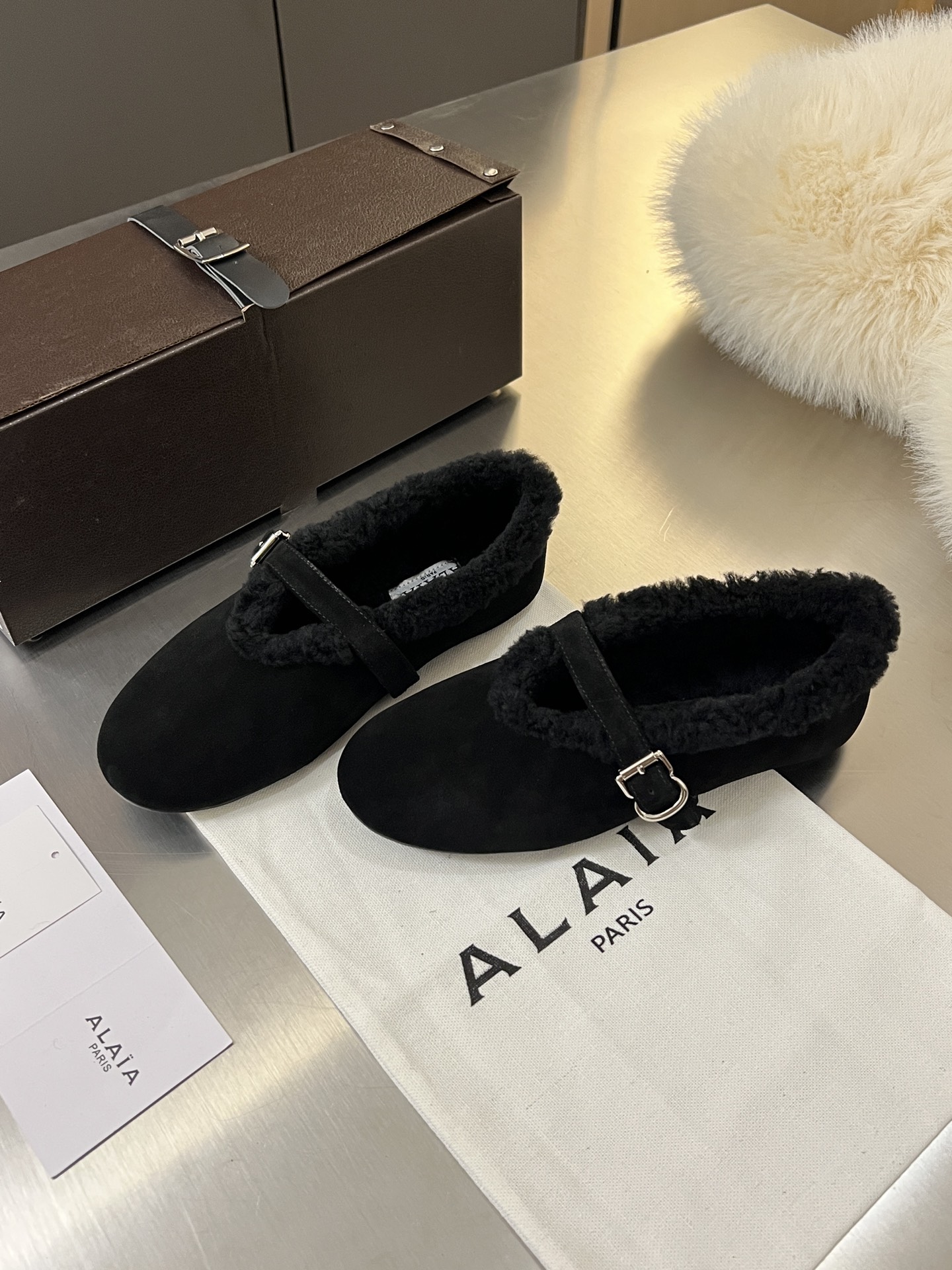 ALAÏA Shearling-Lined Suede Mary Jane Flats