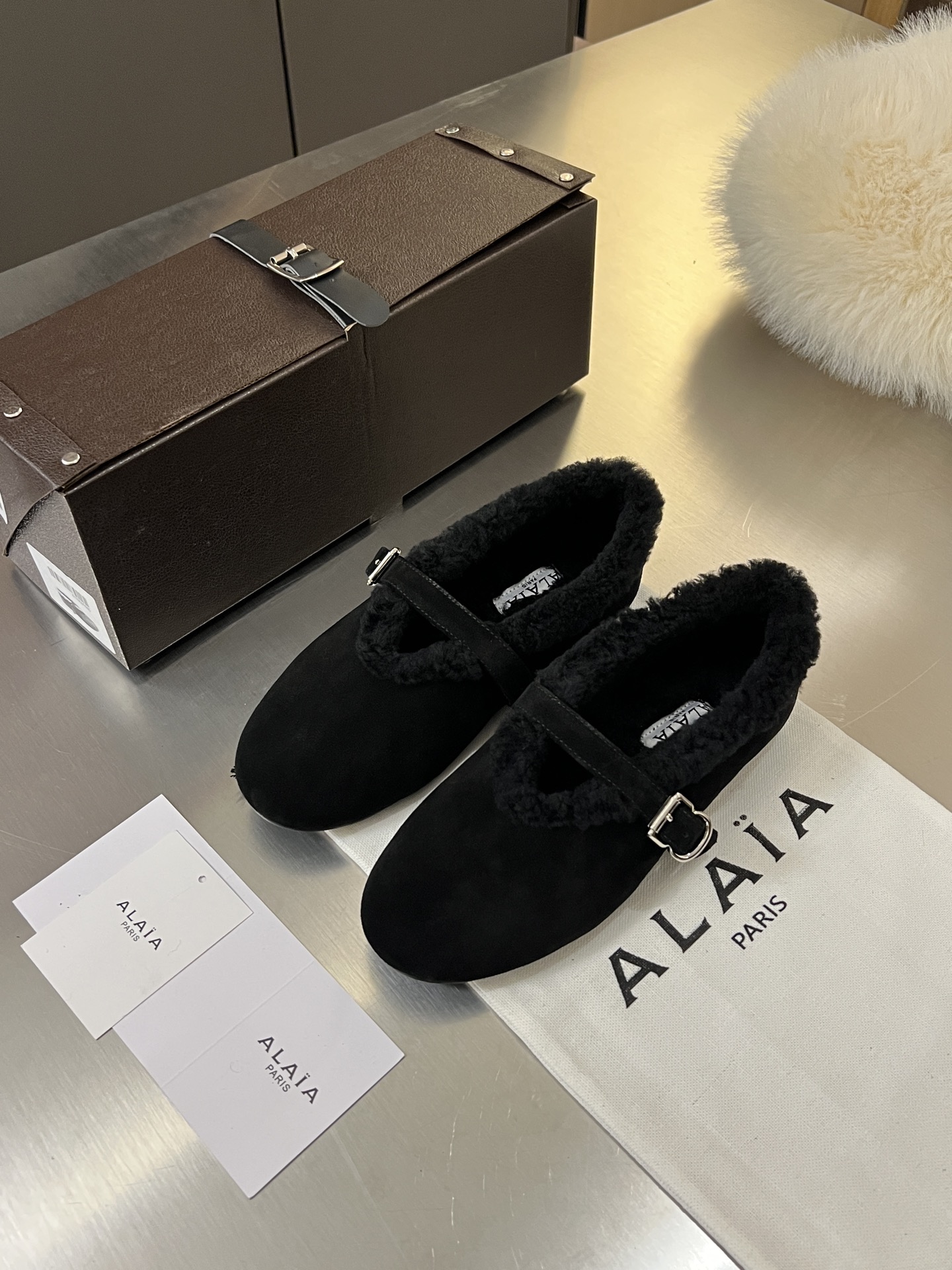 ALAÏA Shearling-Lined Suede Mary Jane Flats