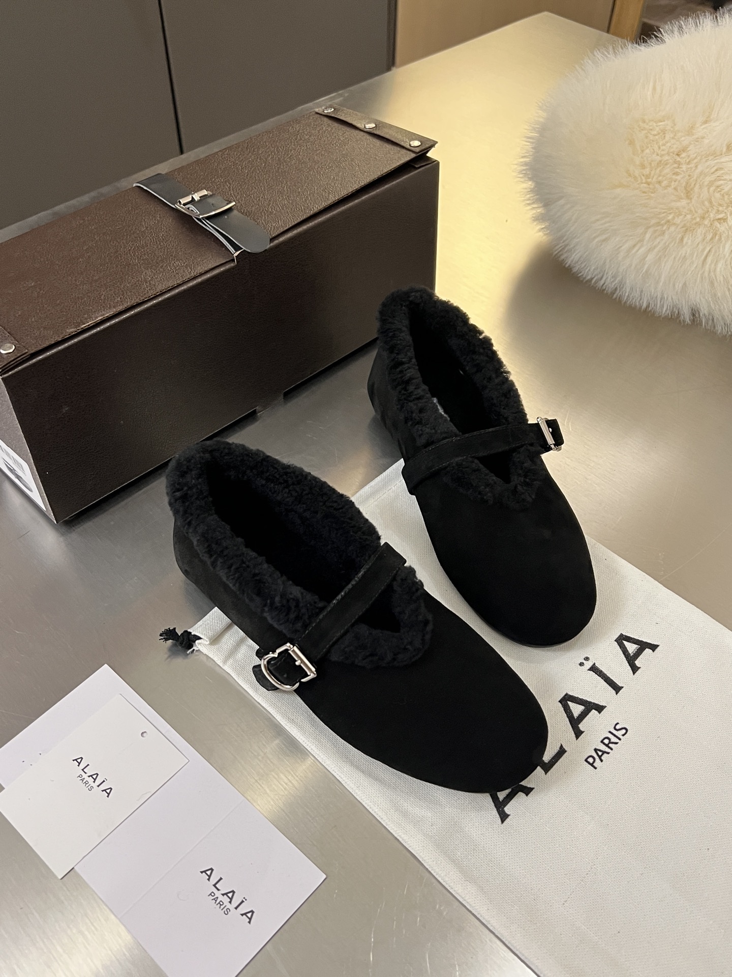 ALAÏA Shearling-Lined Suede Mary Jane Flats