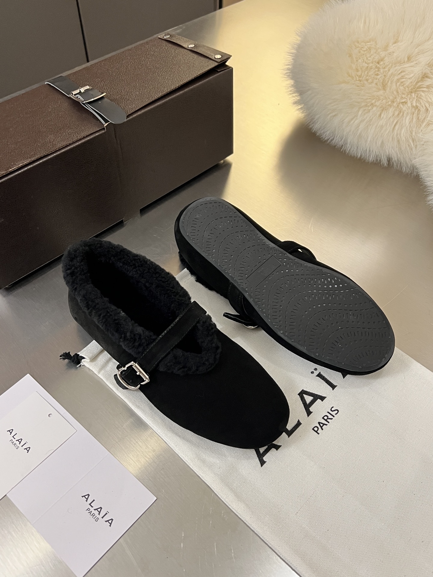 ALAÏA Shearling-Lined Suede Mary Jane Flats