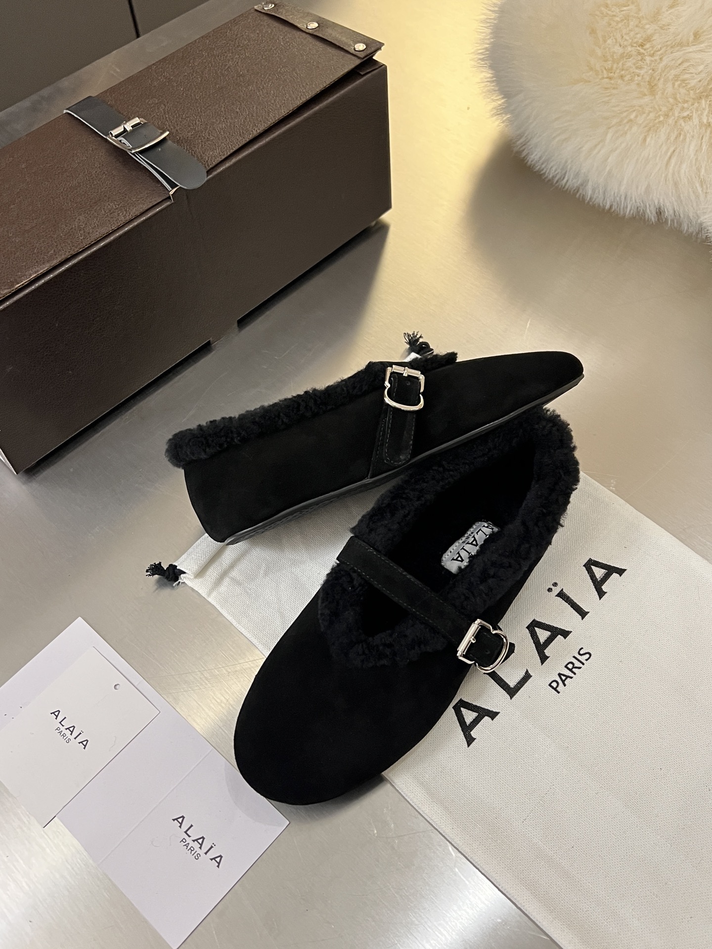 ALAÏA Shearling-Lined Suede Mary Jane Flats