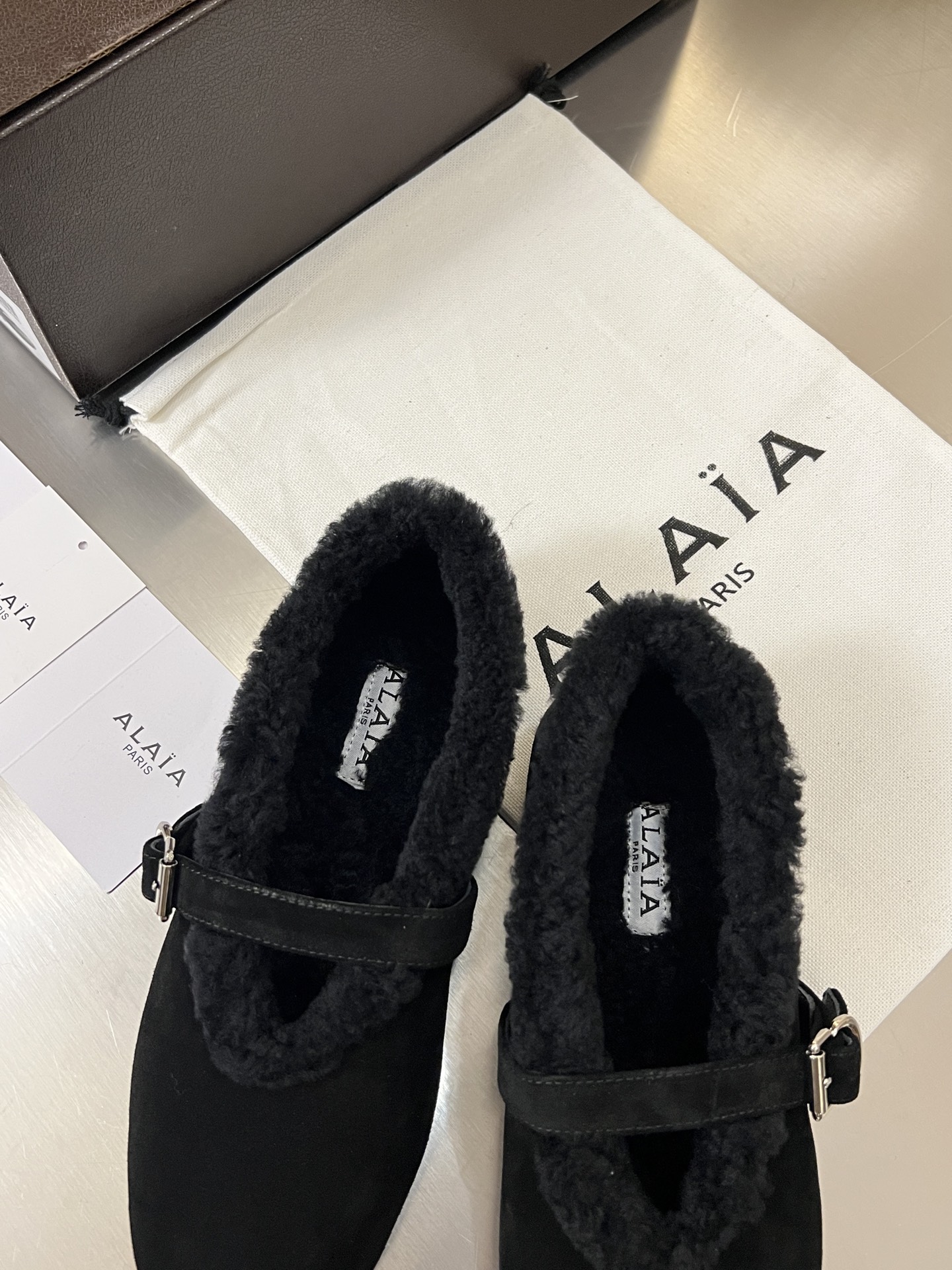 ALAÏA Shearling-Lined Suede Mary Jane Flats