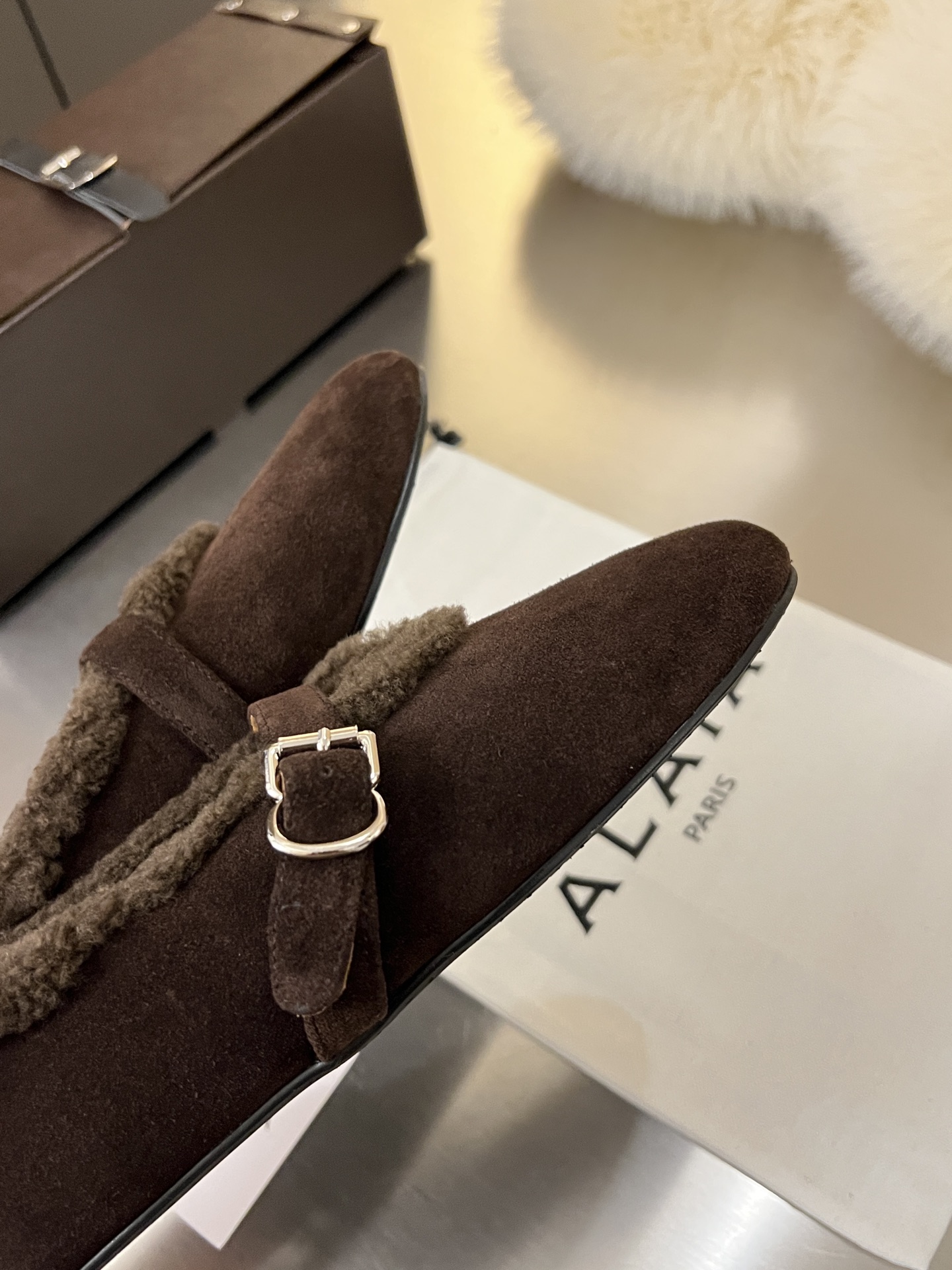 ALAÏA Shearling-Lined Suede Mary Jane Flats