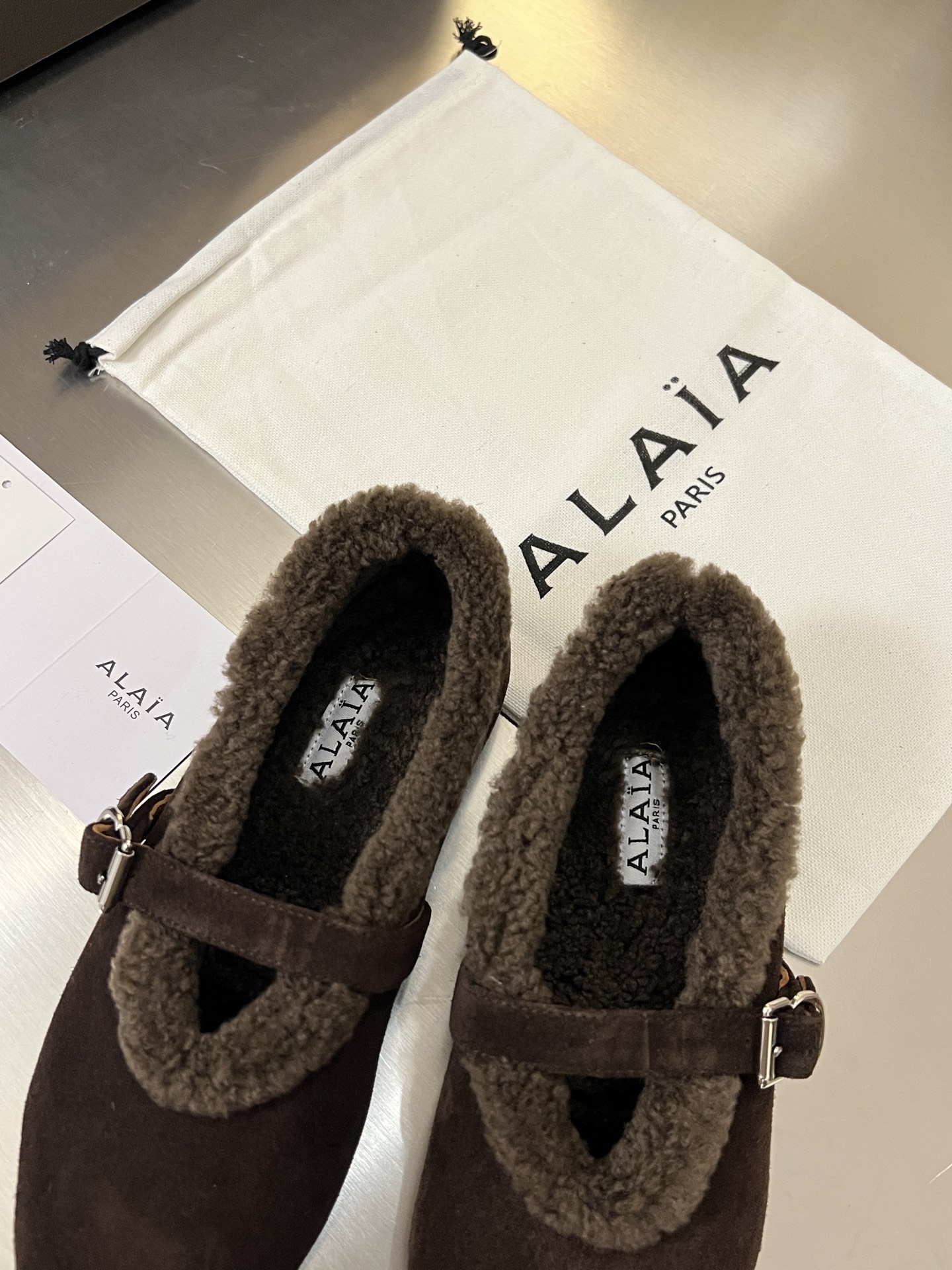 ALAÏA Shearling-Lined Suede Mary Jane Flats
