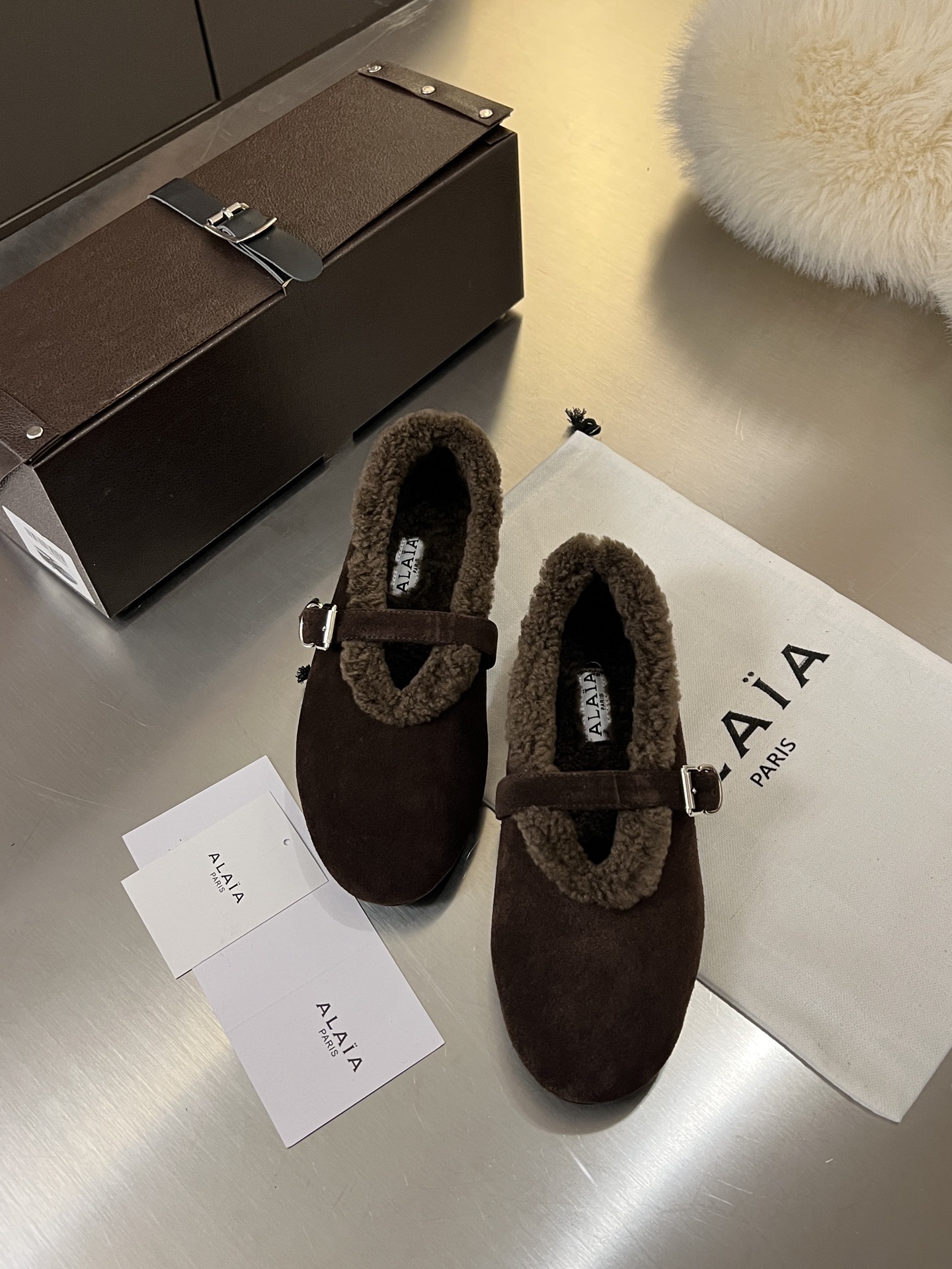 ALAÏA Shearling-Lined Suede Mary Jane Flats