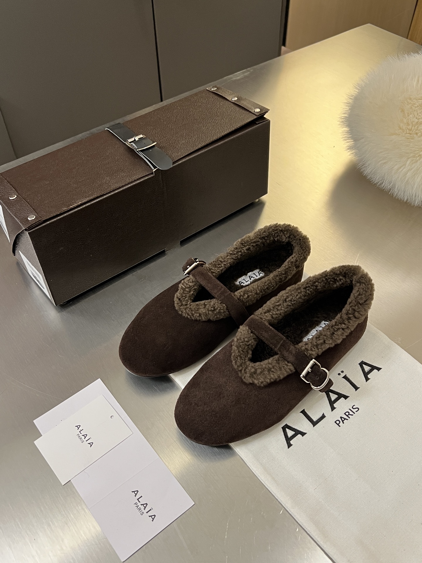 ALAÏA Shearling-Lined Suede Mary Jane Flats