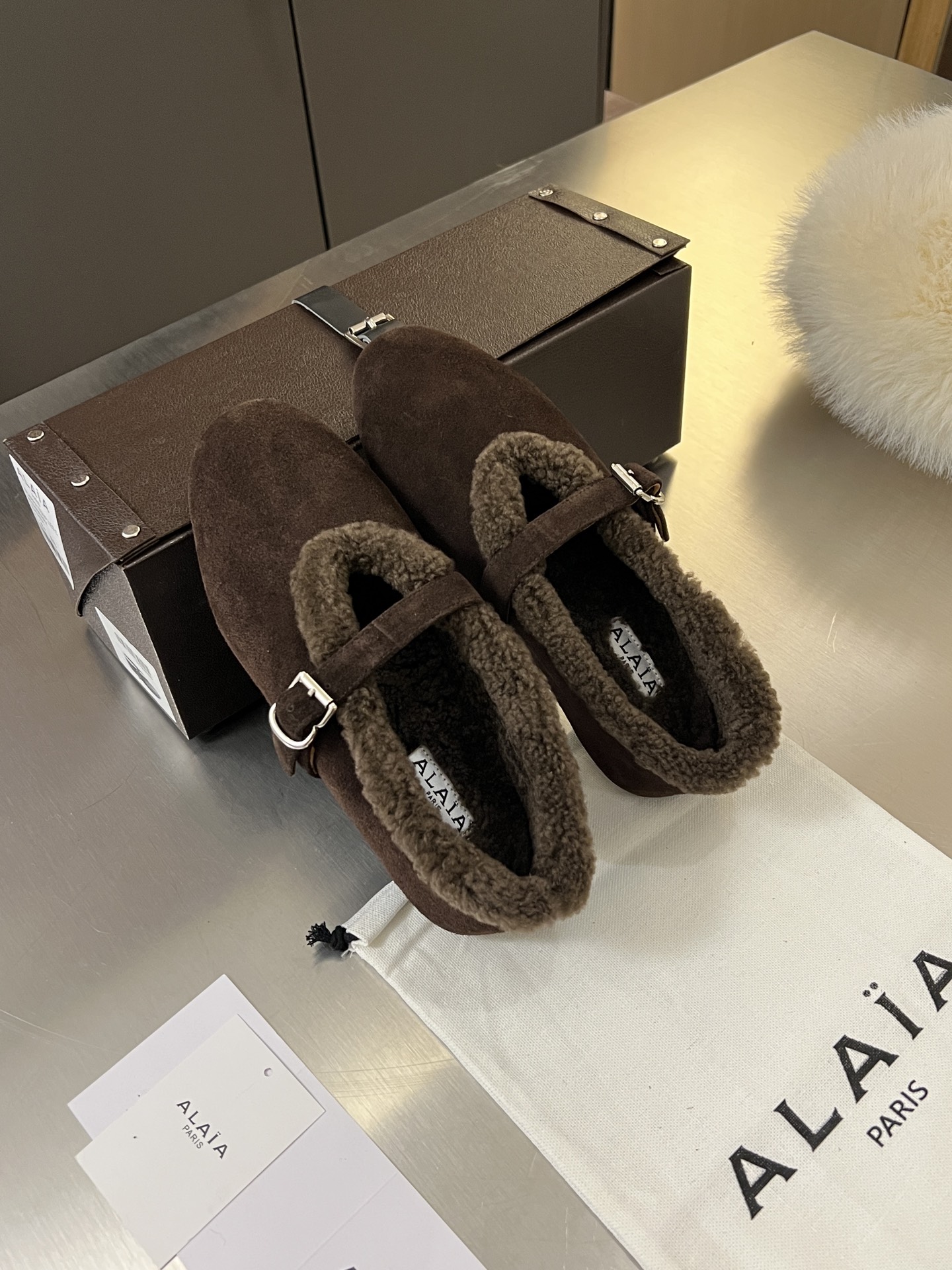 ALAÏA Shearling-Lined Suede Mary Jane Flats