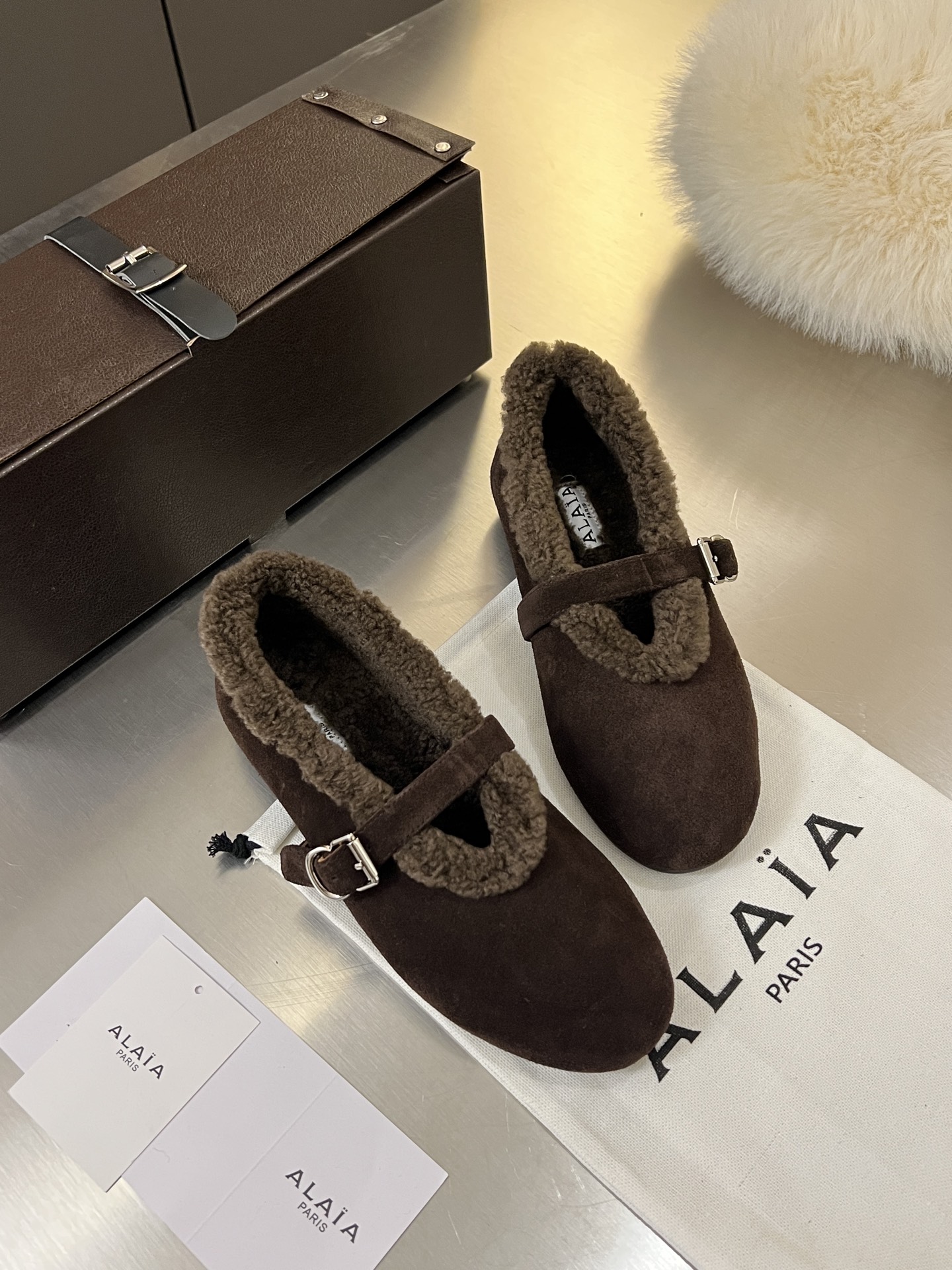 ALAÏA Shearling-Lined Suede Mary Jane Flats