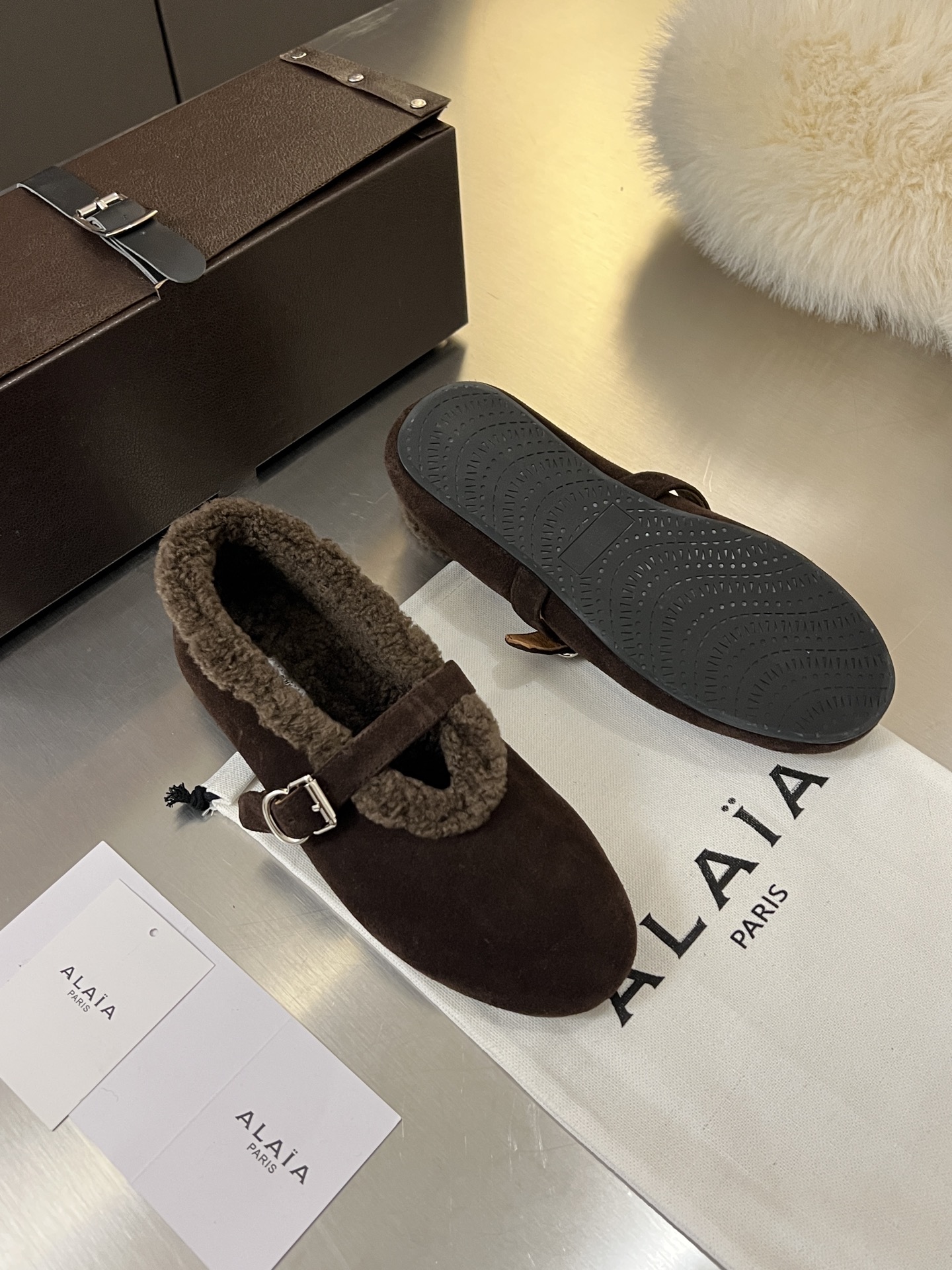 ALAÏA Shearling-Lined Suede Mary Jane Flats