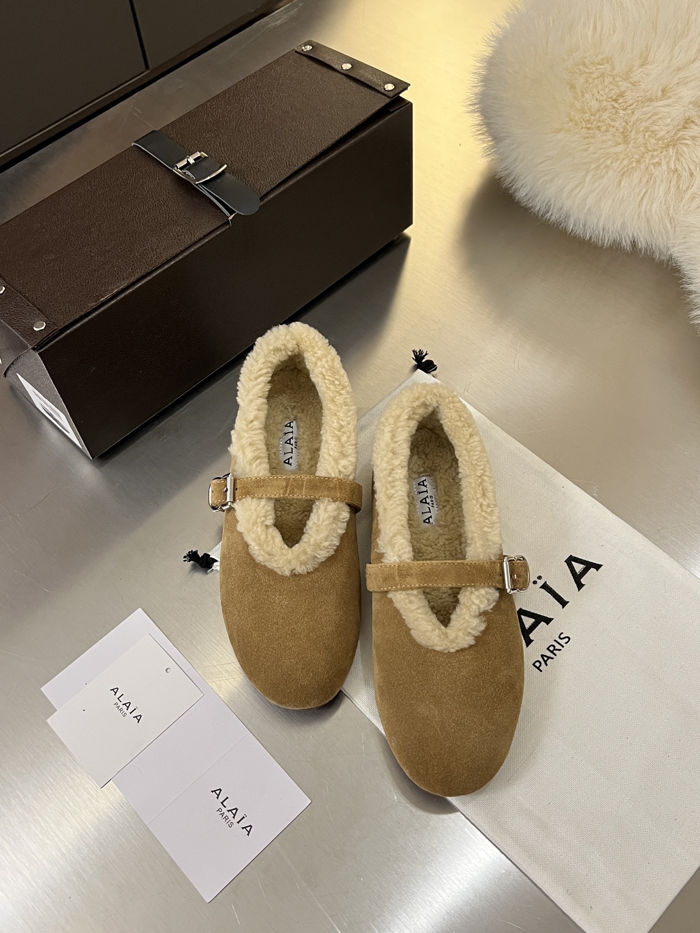 ALAÏA Shearling-Lined Suede Mary Jane Flats