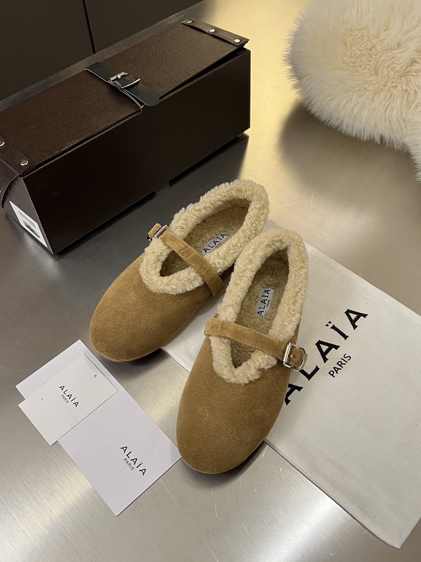 ALAÏA Shearling-Lined Suede Mary Jane Flats