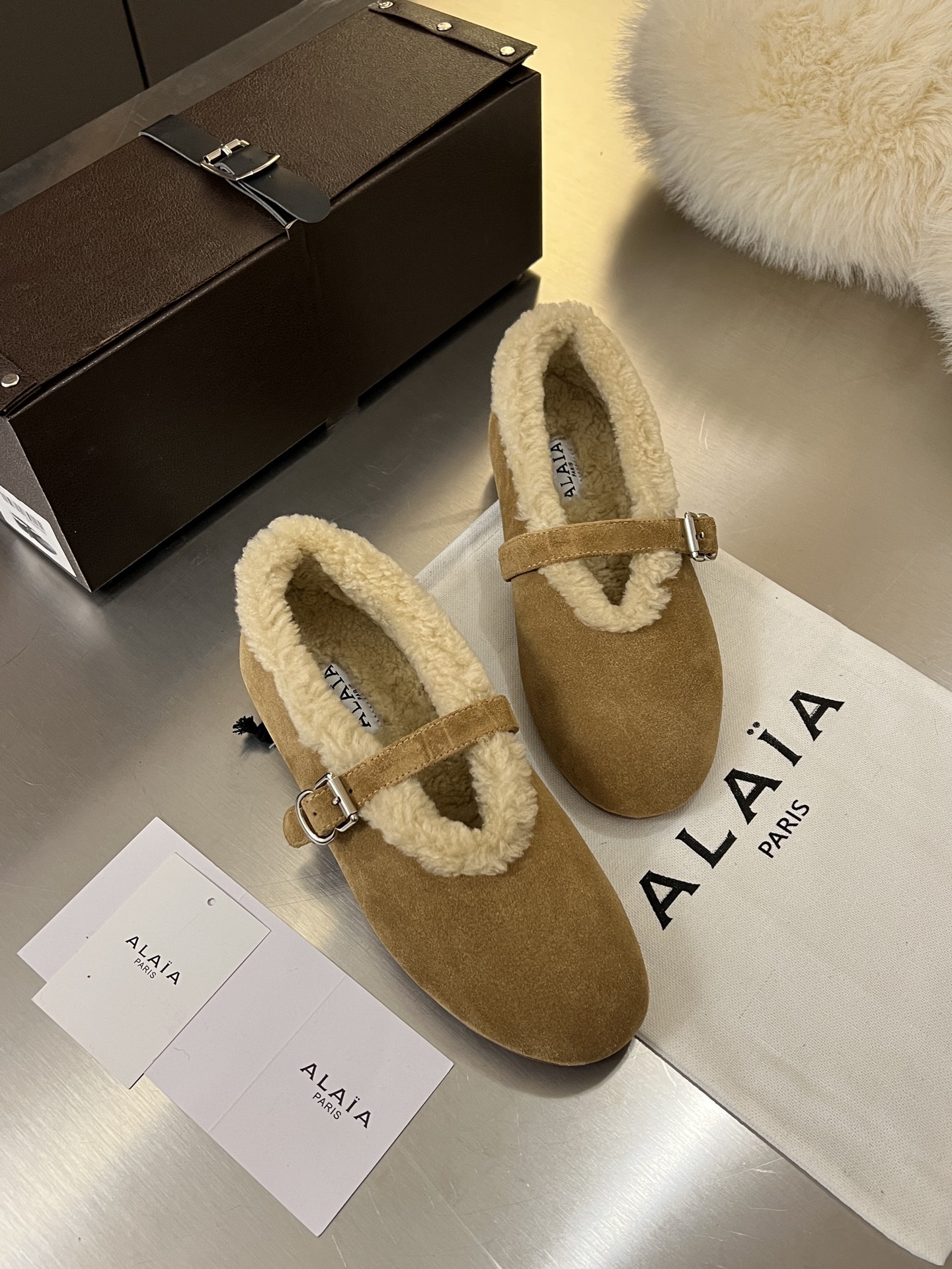 ALAÏA Shearling-Lined Suede Mary Jane Flats