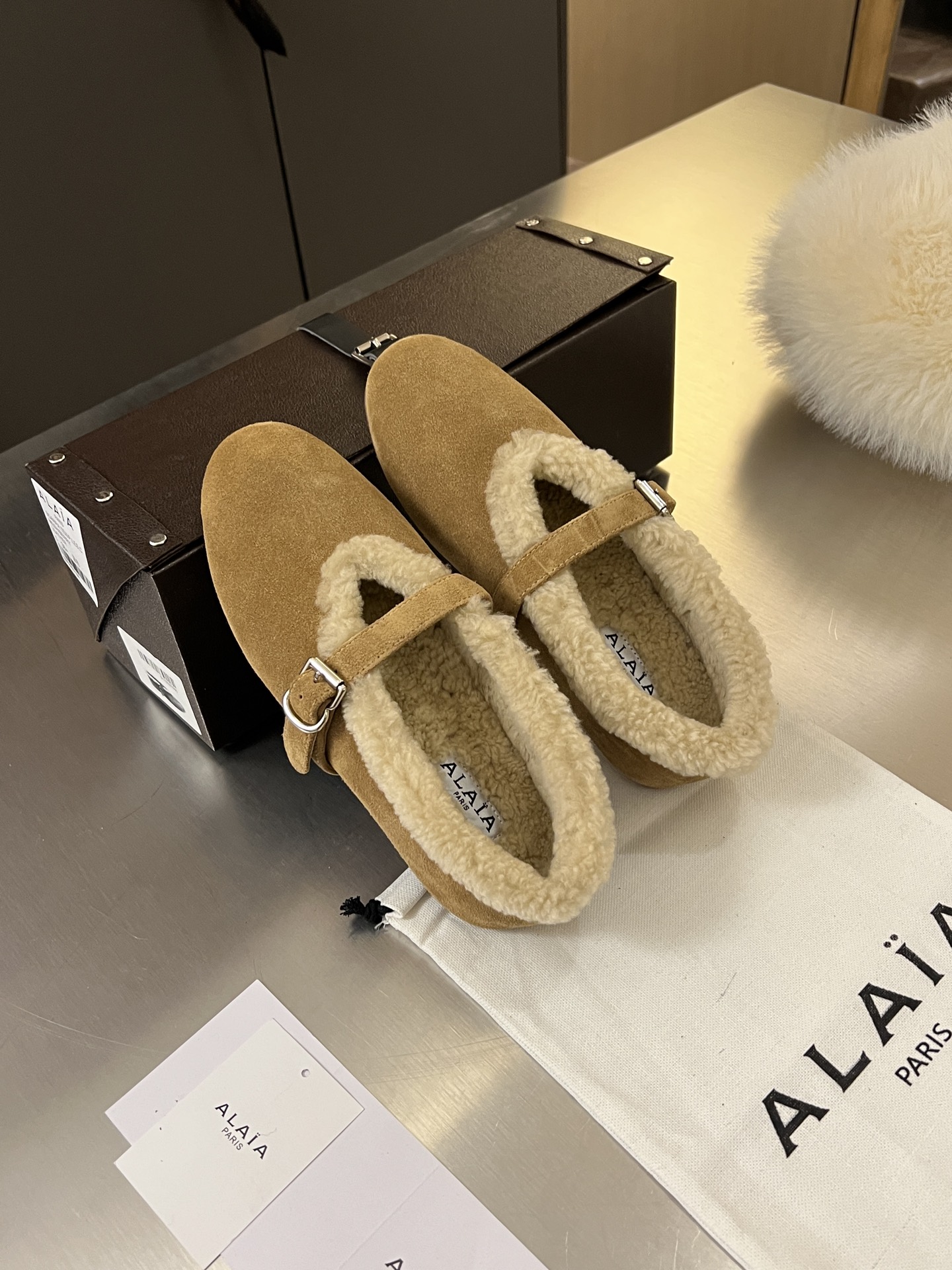 ALAÏA Shearling-Lined Suede Mary Jane Flats