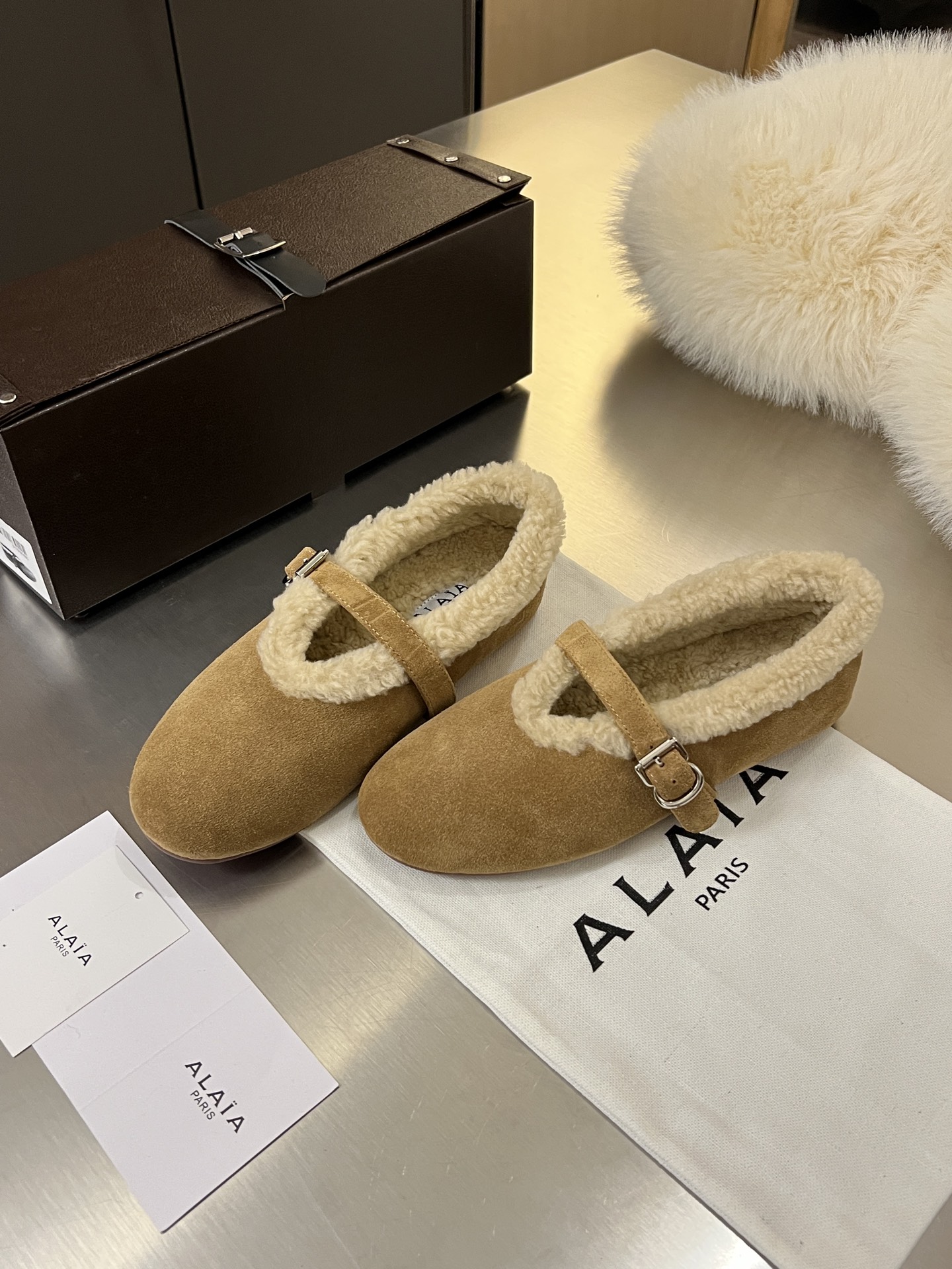 ALAÏA Shearling-Lined Suede Mary Jane Flats