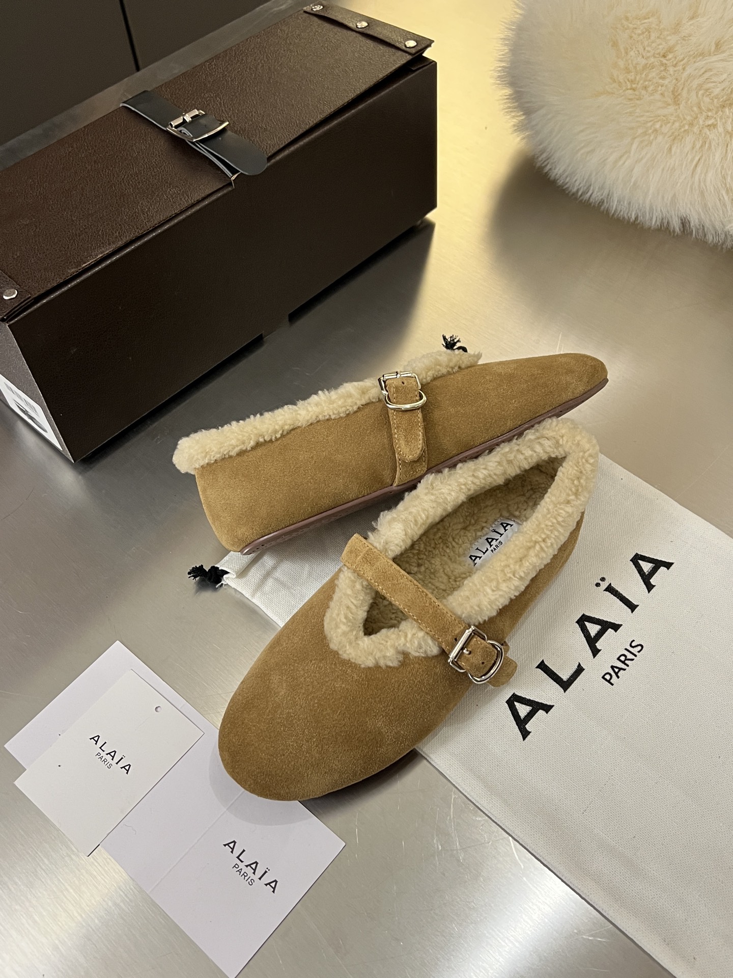 ALAÏA Shearling-Lined Suede Mary Jane Flats