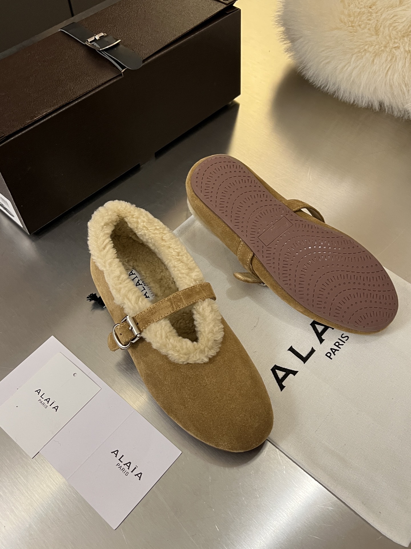 ALAÏA Shearling-Lined Suede Mary Jane Flats