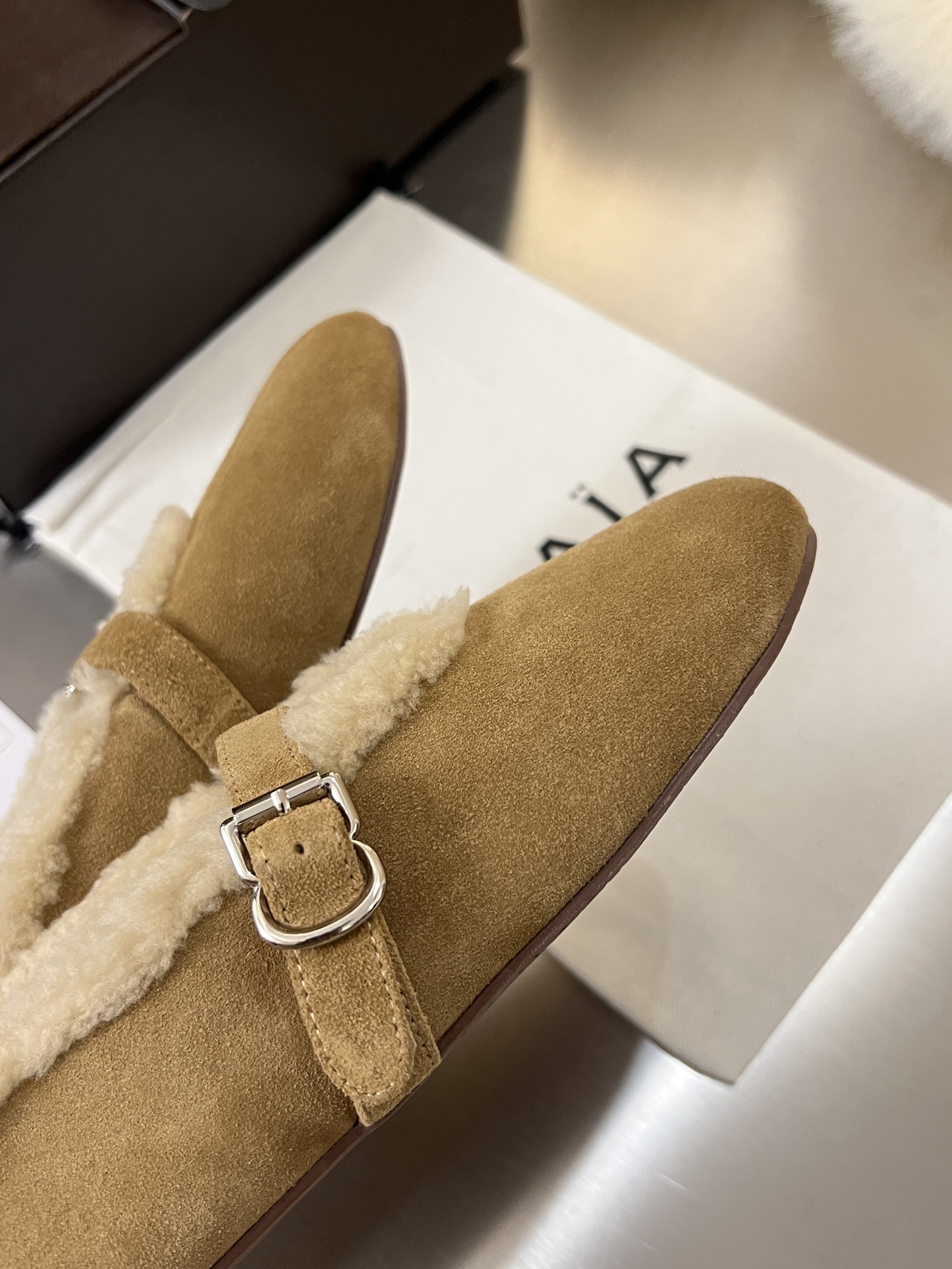 ALAÏA Shearling-Lined Suede Mary Jane Flats