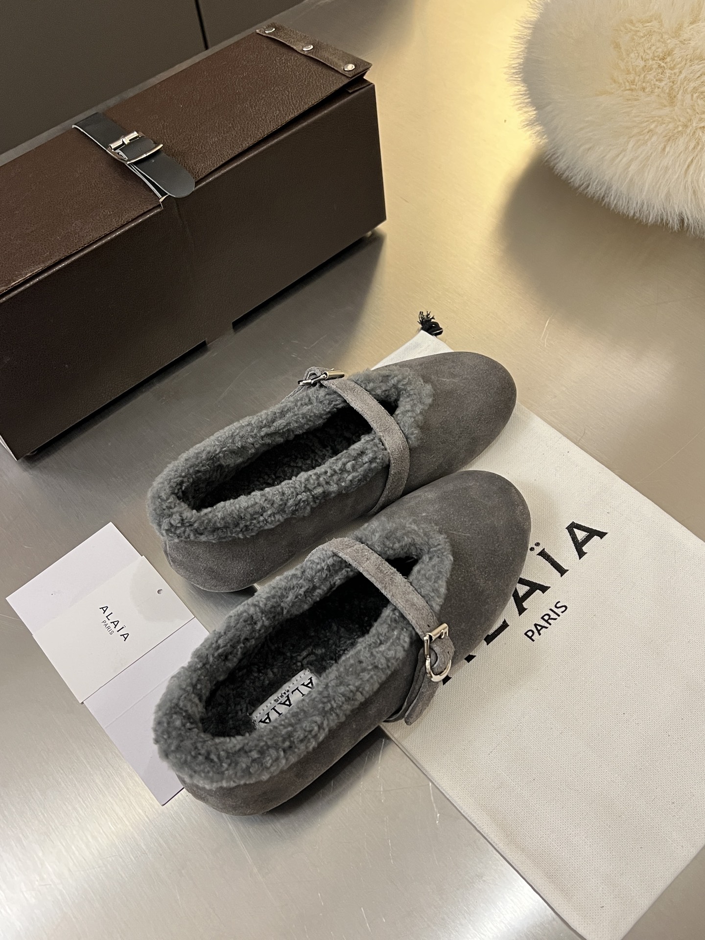 ALAÏA Shearling-Lined Suede Mary Jane Flats