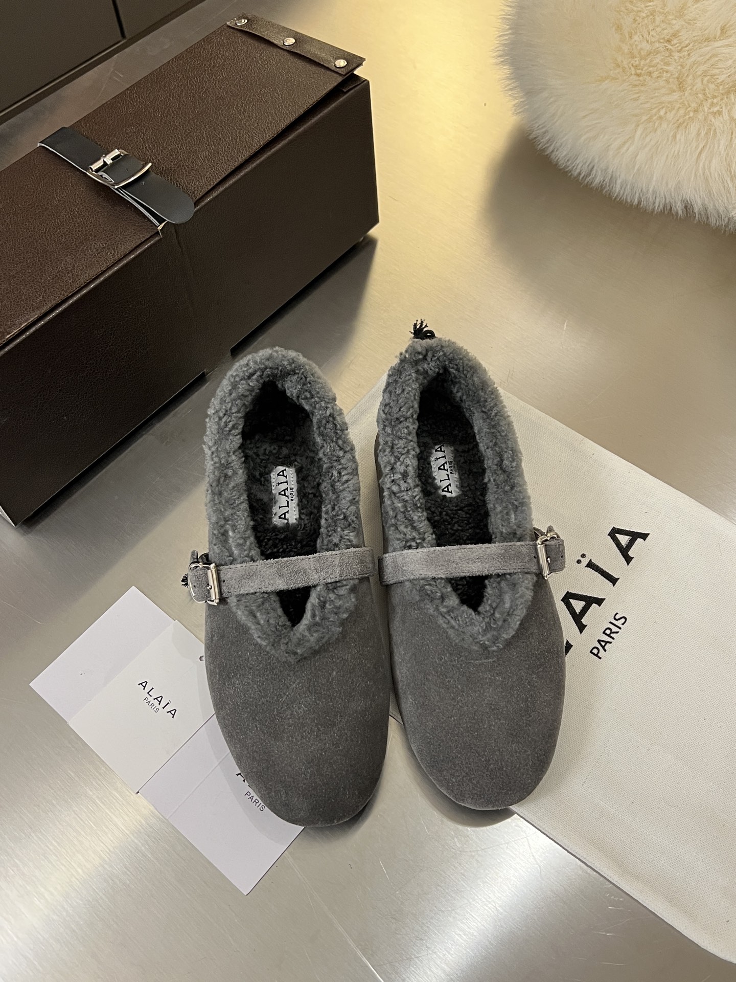 ALAÏA Shearling-Lined Suede Mary Jane Flats