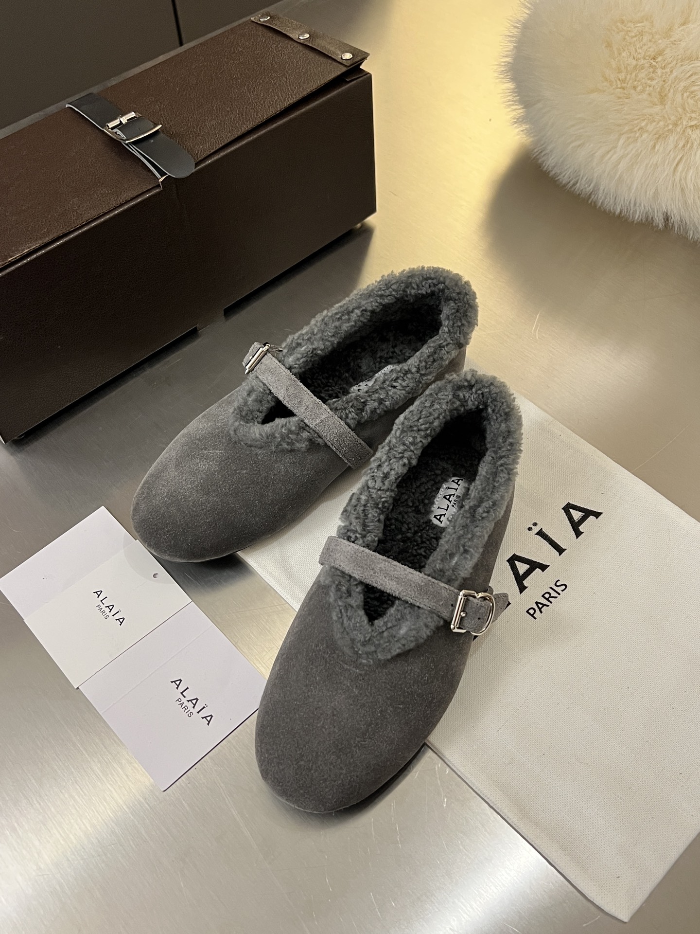 ALAÏA Shearling-Lined Suede Mary Jane Flats