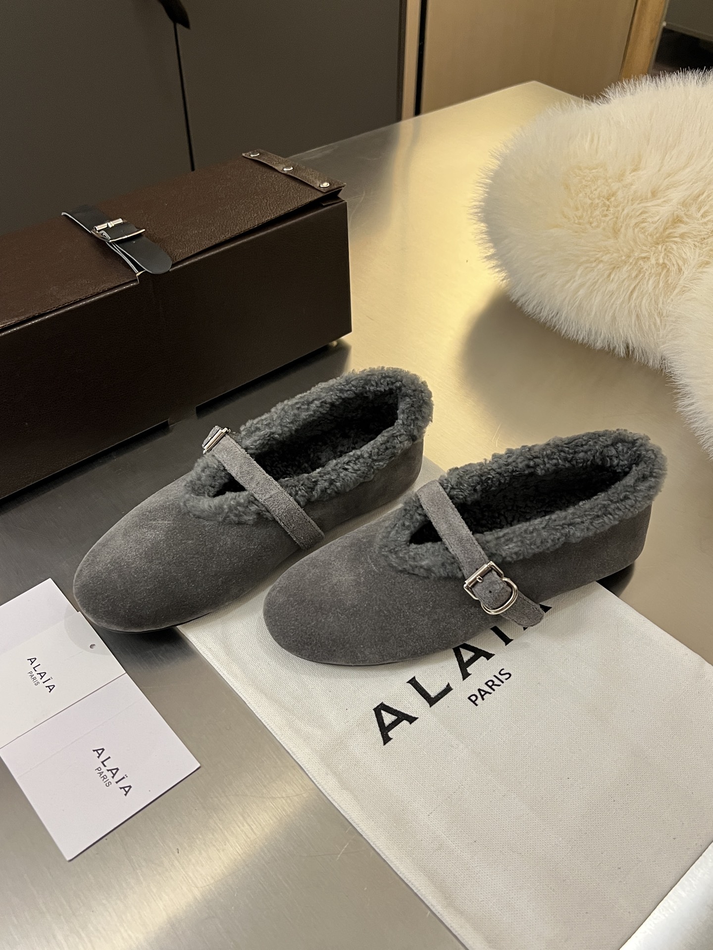 ALAÏA Shearling-Lined Suede Mary Jane Flats