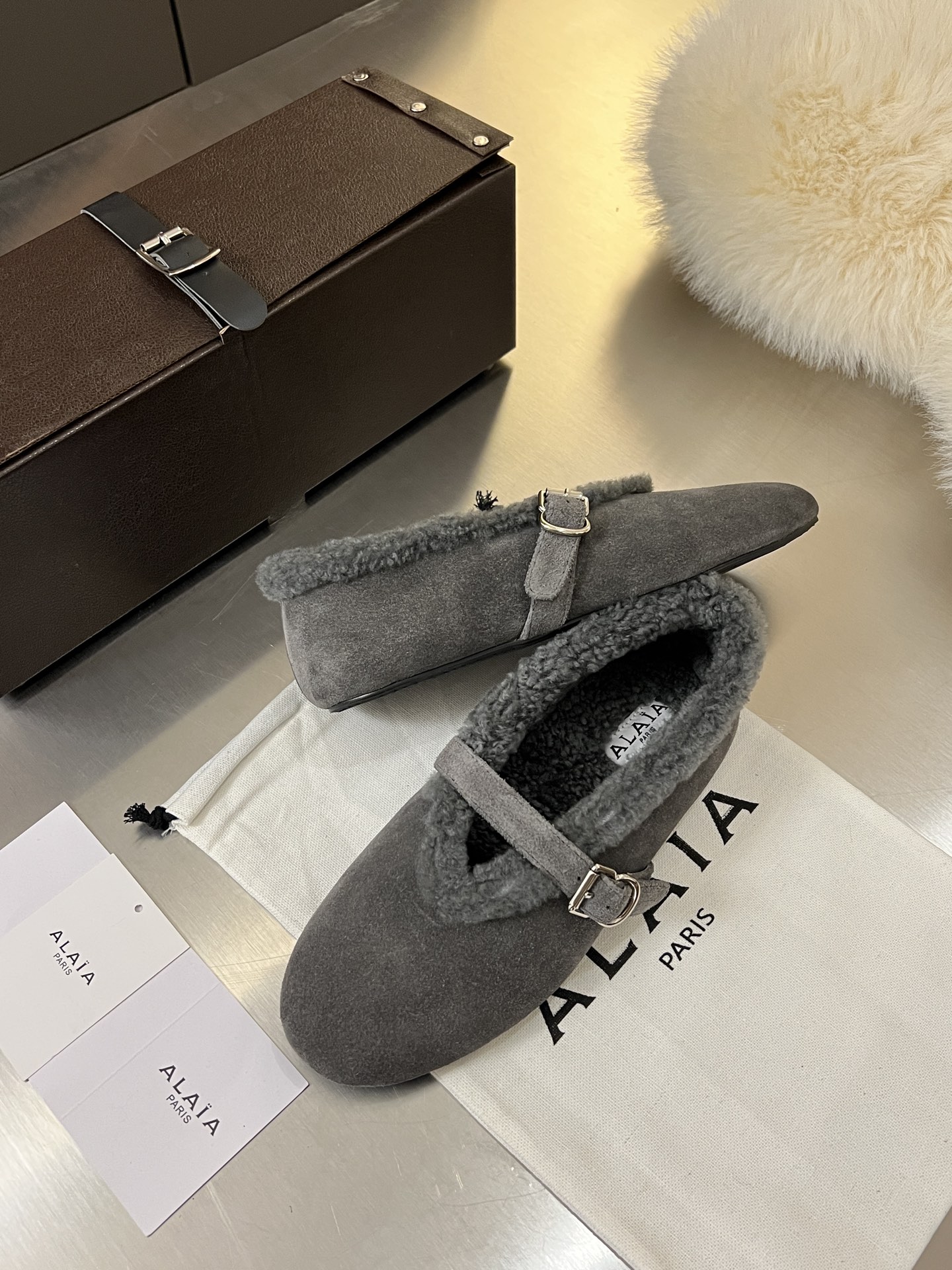 ALAÏA Shearling-Lined Suede Mary Jane Flats