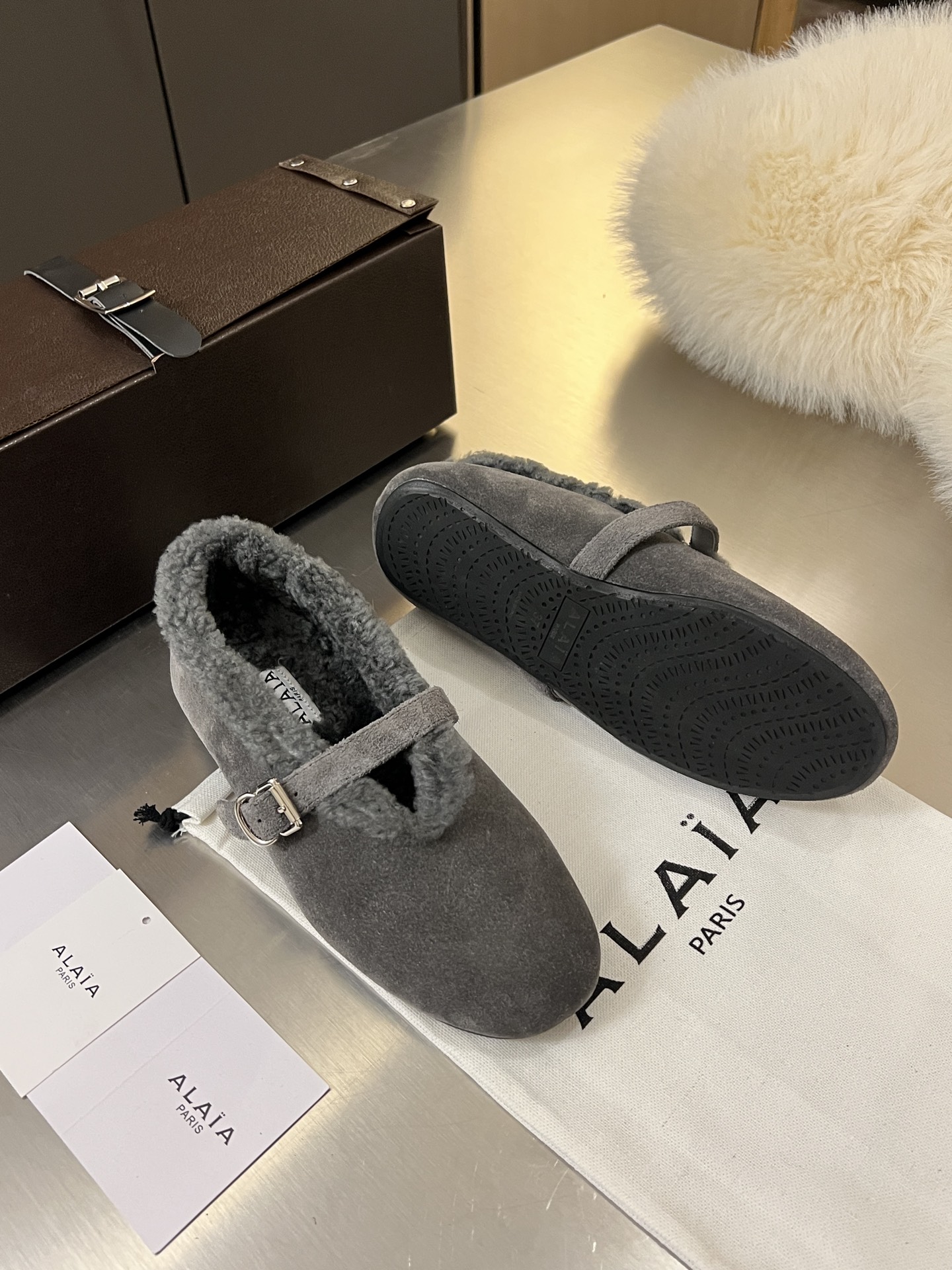 ALAÏA Shearling-Lined Suede Mary Jane Flats