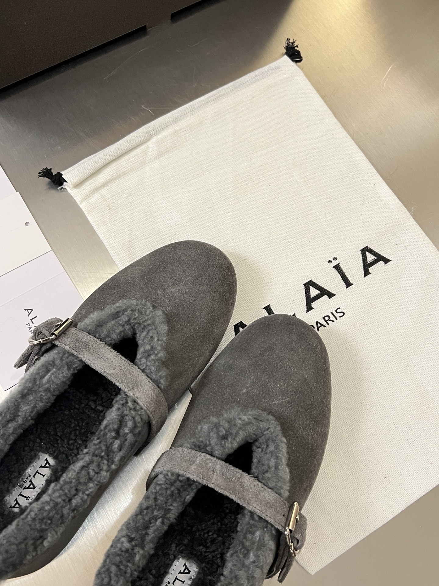 ALAÏA Shearling-Lined Suede Mary Jane Flats