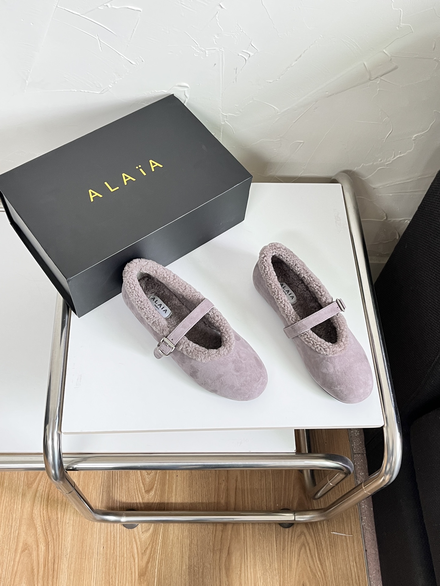 ALAÏA Shearling-Lined Suede Mary Jane Flats