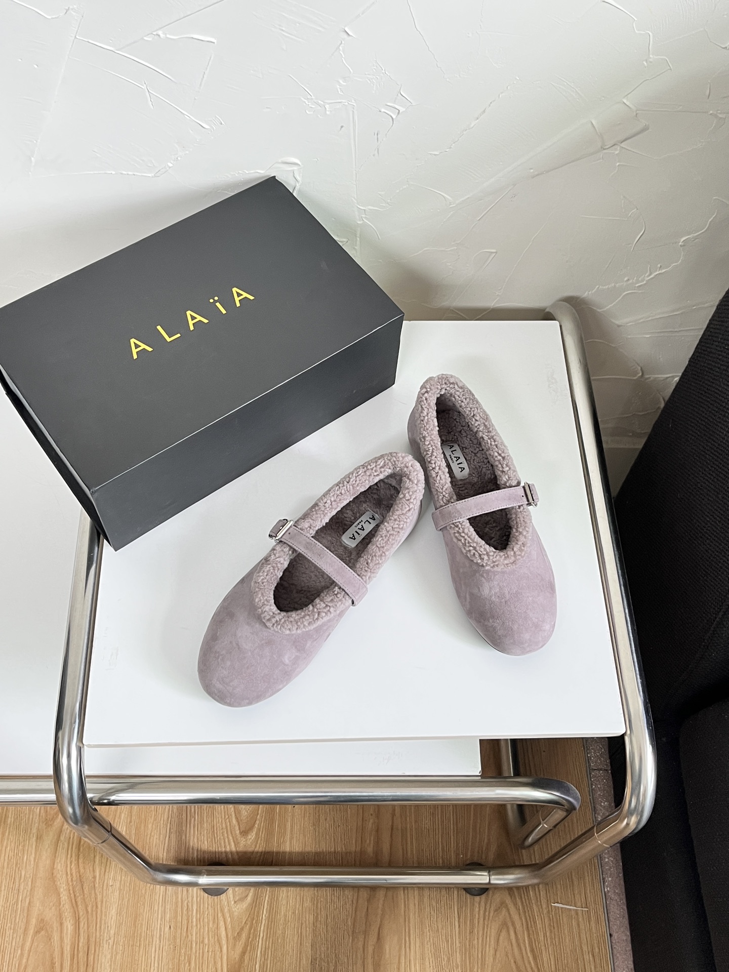 ALAÏA Shearling-Lined Suede Mary Jane Flats